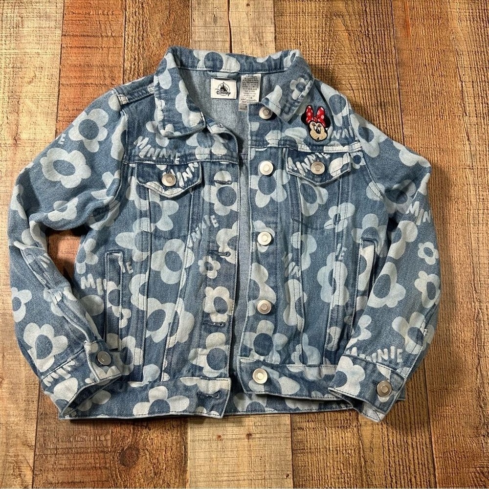 Disney Minnie Mouse Floral Denim Jacket Girls Small 5/6 Retro Kids Youth